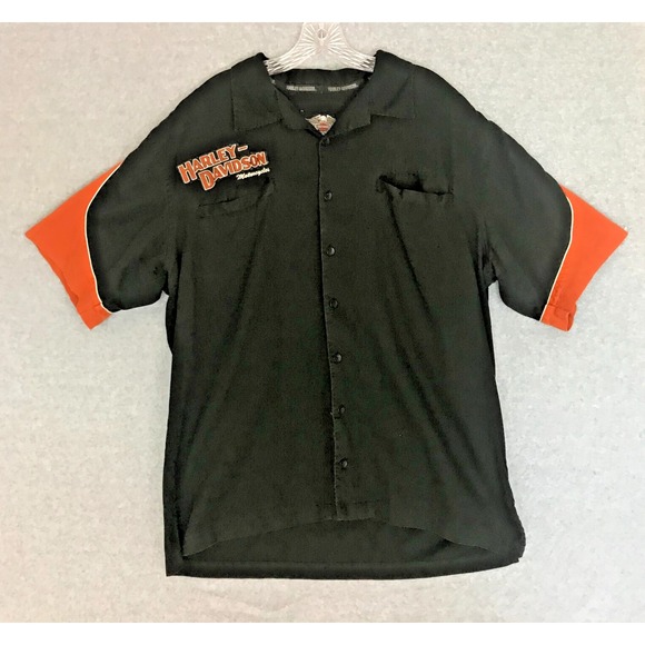 Harley Davidson Motorcycles Button Up Shirt Black Short Sleeve Stitched Logos - Picture 3 of 11